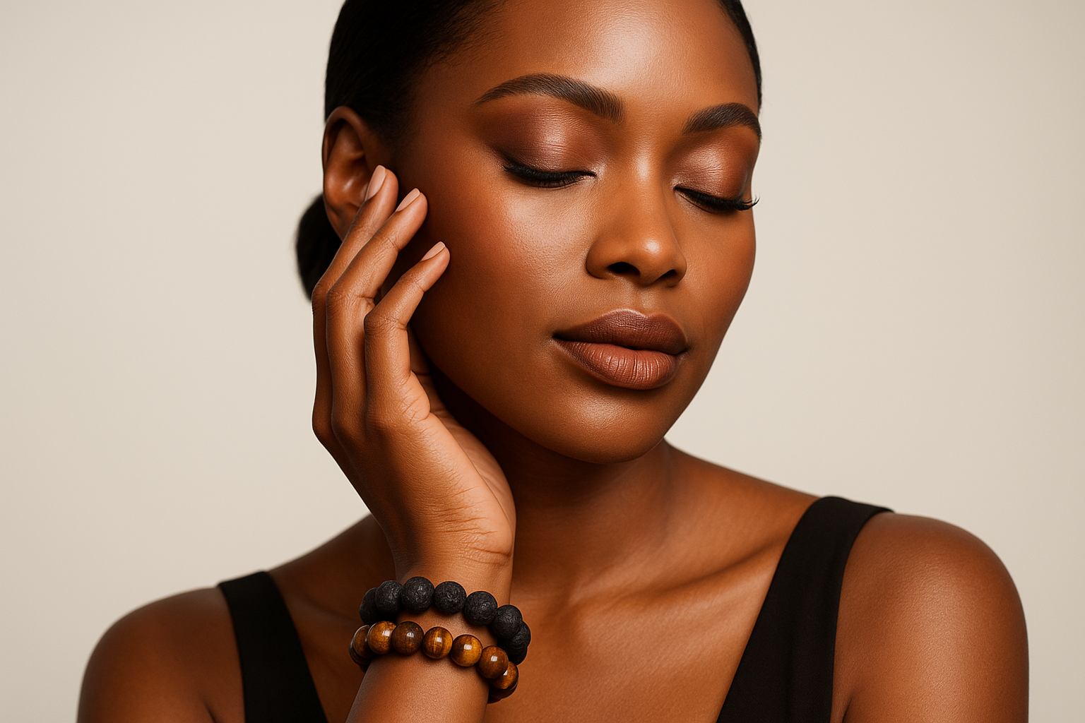 Black woman touching her face with lava bead bracelet and tiger's eye bracelet like a jewelry model in a magazine
