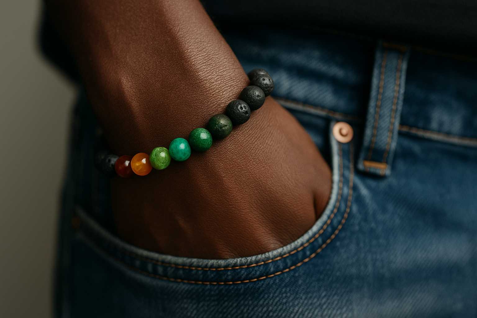 close up of dark skinned person's wrist with a lava bead and chakra bracelet and hand in a jean pocket for a jewelry magazine