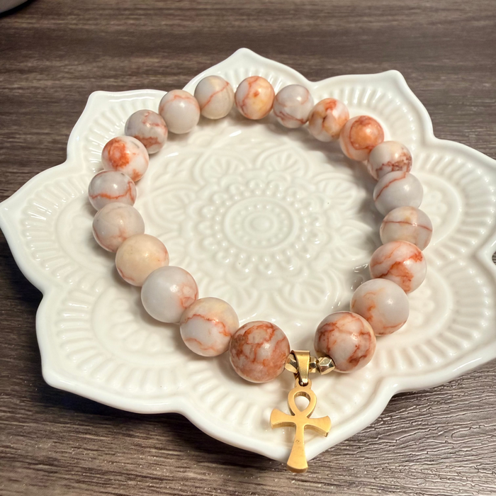 Red Vein Jasper Bracelet with Ankh Charm